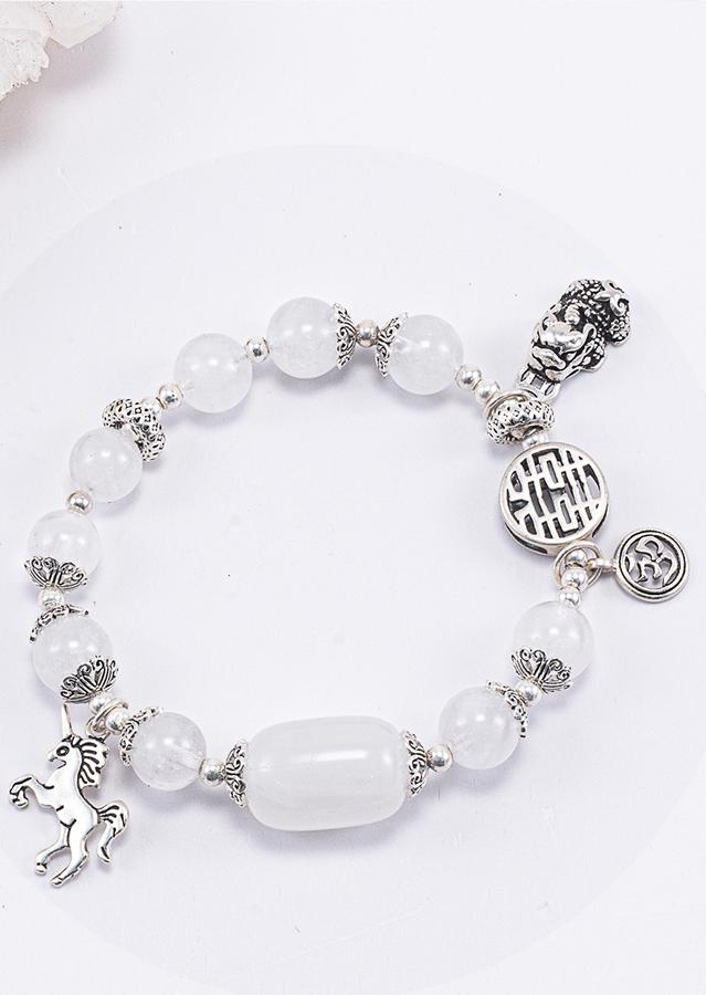Vòng Tay Phong Thủy Nữ Đá Thạch Anh Ưu Linh Trắng Phối Charm Kỳ Lân Bạc Mệnh Kim, Thủy Ngọc Quý Gemstones