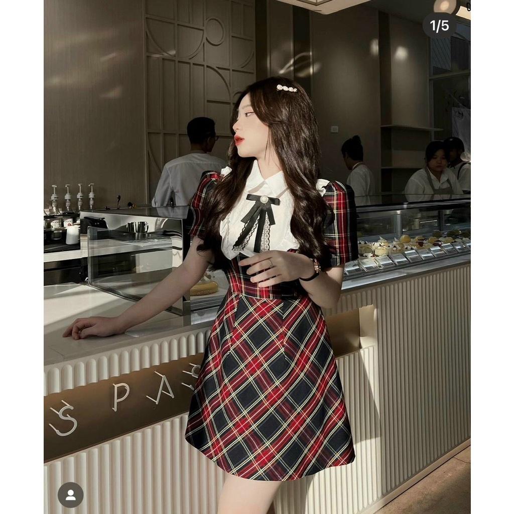 Đầm ngắn caro cổ trắng bèo nơ đen tiểu thư công chúa công sở dịu dàng