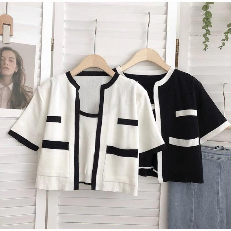 Set áo len khoác ngoài tay cộc, Áo kiểu len mịn ngắn tay SE1580 - NhiNhi Shop