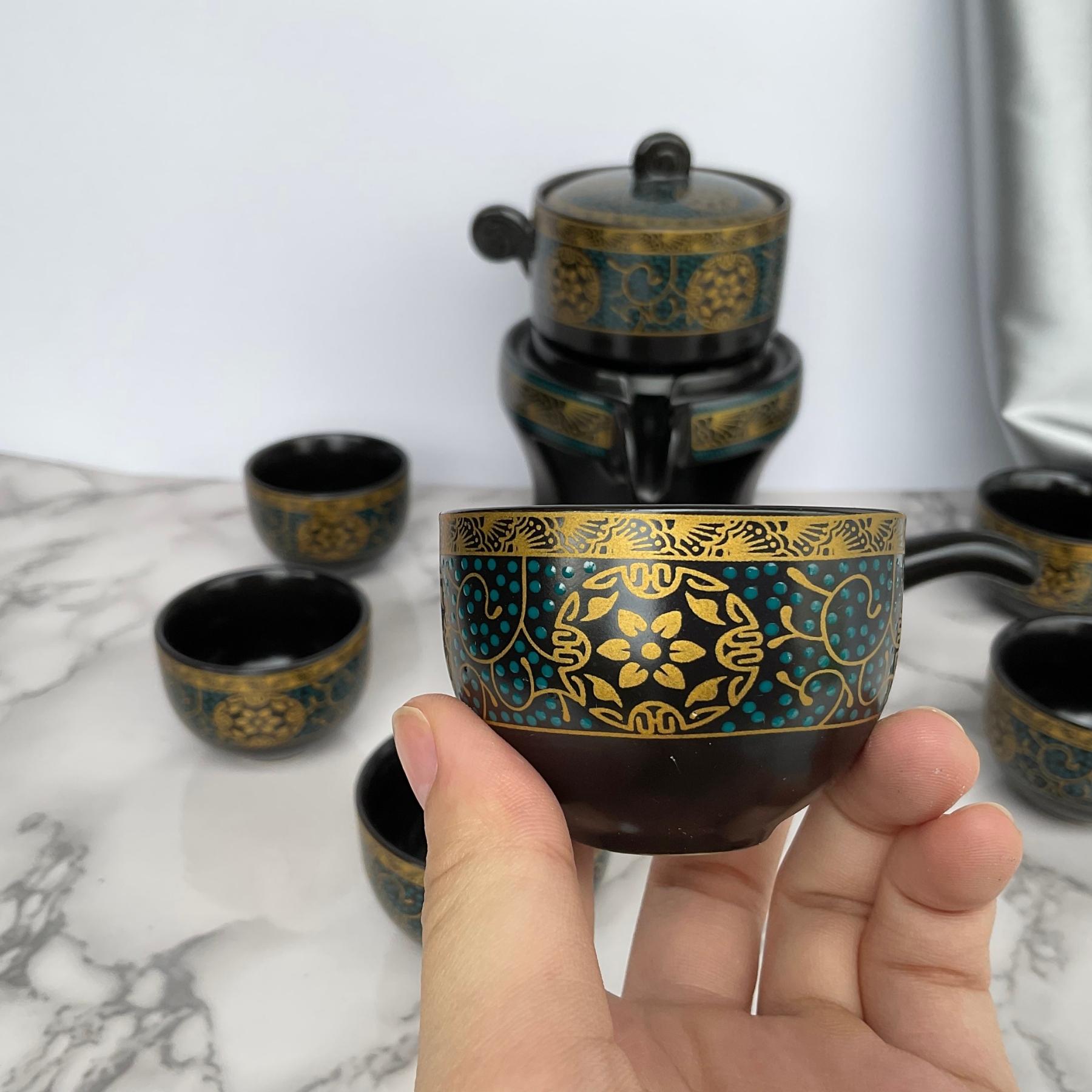 Bộ Ấm Chén Pha Trà Cối Xay - Xanh Đen Phong Cách Trà Đạo Men Sứ Cao Cấp , Bộ ấm chén trà đạo uống trà đẹp cao cấp