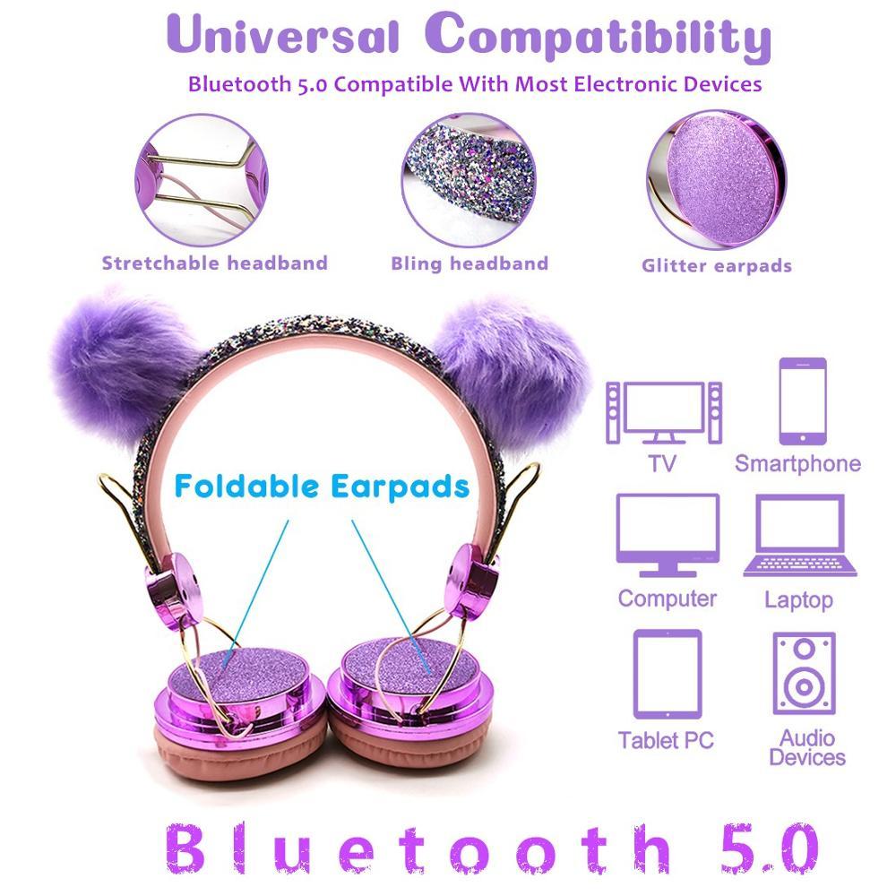 Bluetooth Dễ Thương Cho Trẻ Em Không Dây Tai Nghe Có Micro Bé Gái 3.5Mm Âm Nhạc Stereo Tai Nghe Máy Tính Di Động Điện Thoại Mèo Tai Nghe