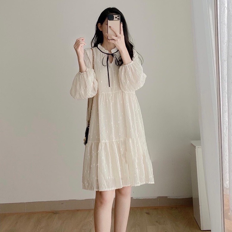 Váy babydoll voan hạt bông nơ Đầm xòe tay bồng đính hạt