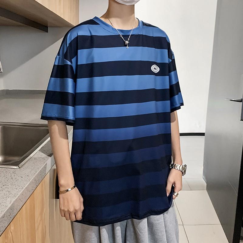 Áo Thun Nam Tay Ngắn Dáng Rộng Họa Tiết Sọc Ngang Thời Trang
