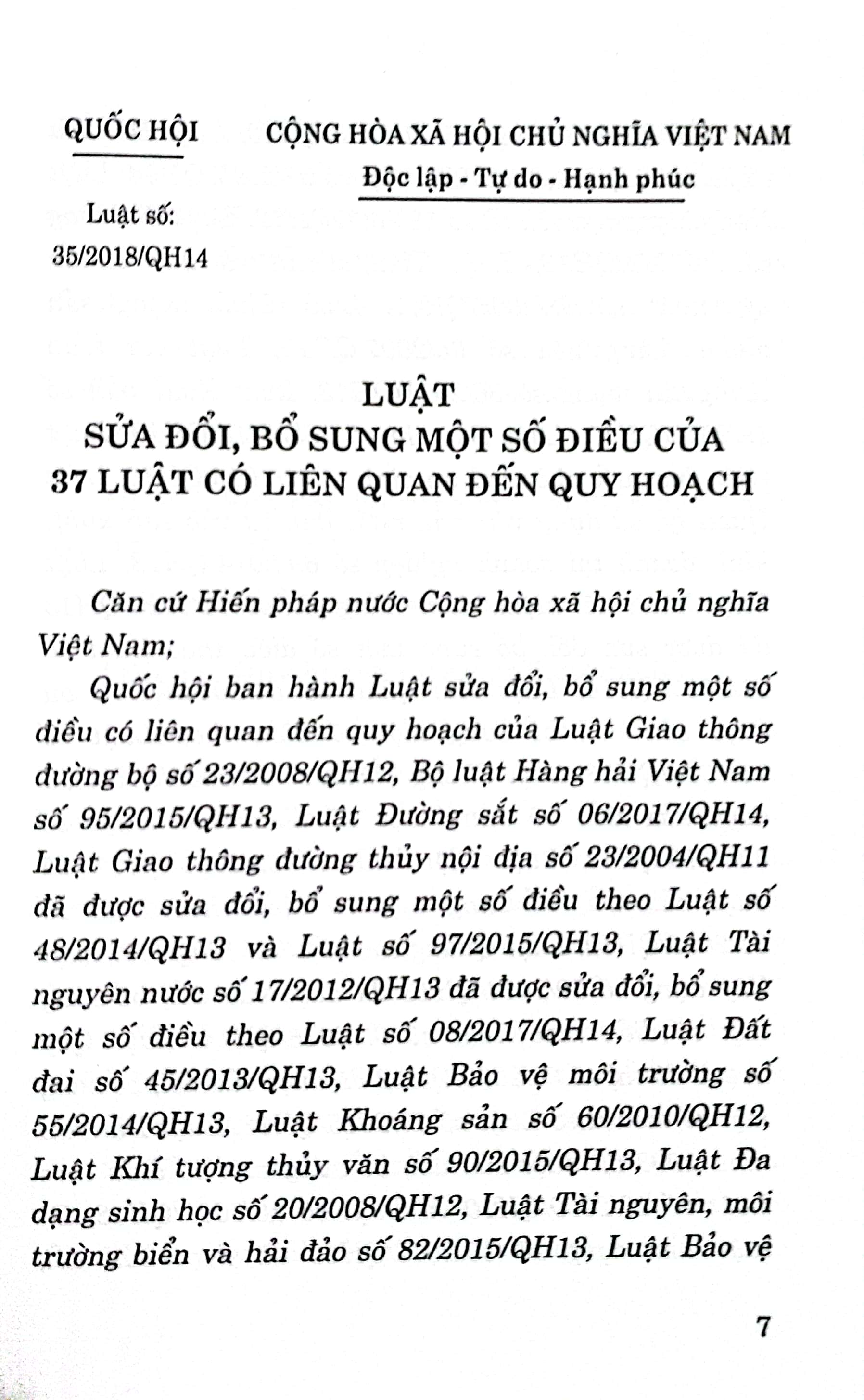 Luật sửa đổi, bổ sung một số điều của 37 luật có liên quan đến quy hoạch