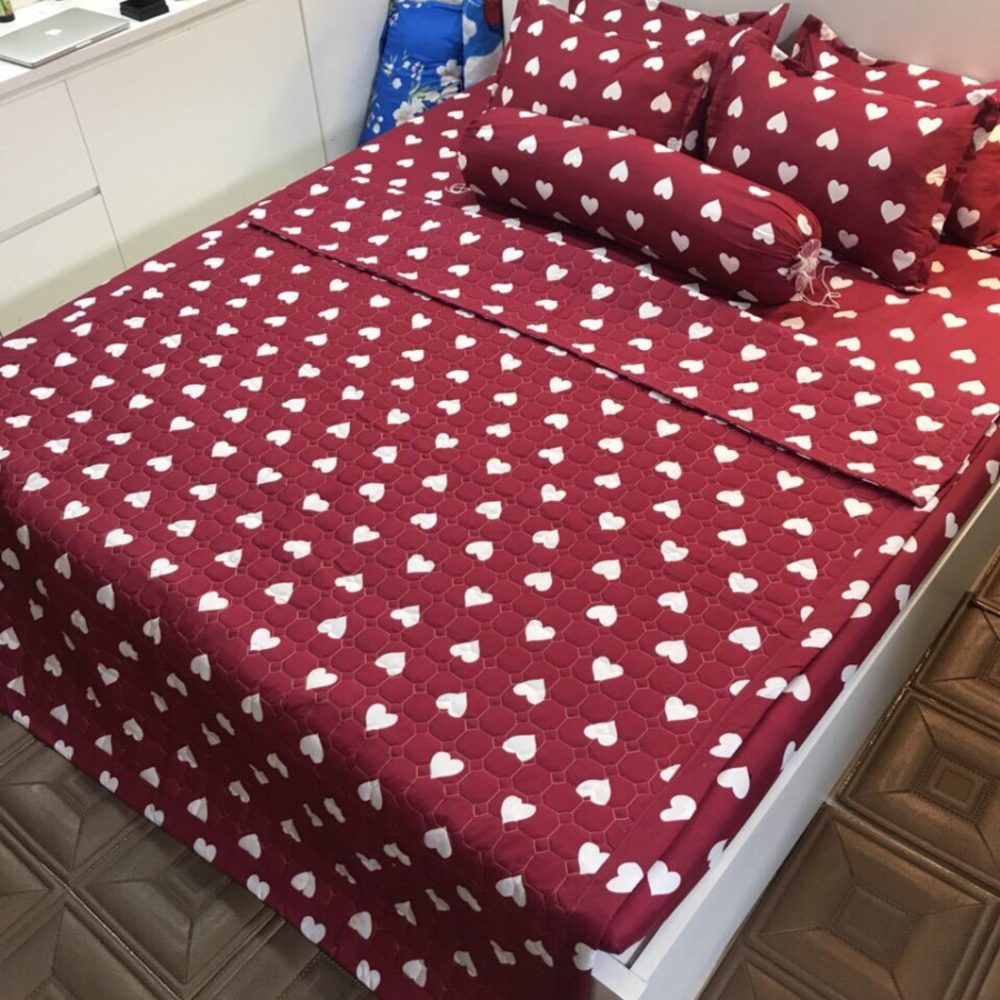 Bộ Chăn Ga Gối Cottong Poly Hè Thu 5 Món Tim Đỏ