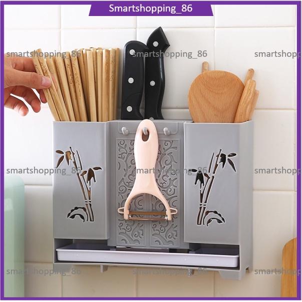 Ống đựng đũa cắm dao nhà bếp có khay hứng nước dán treo tường đa năng