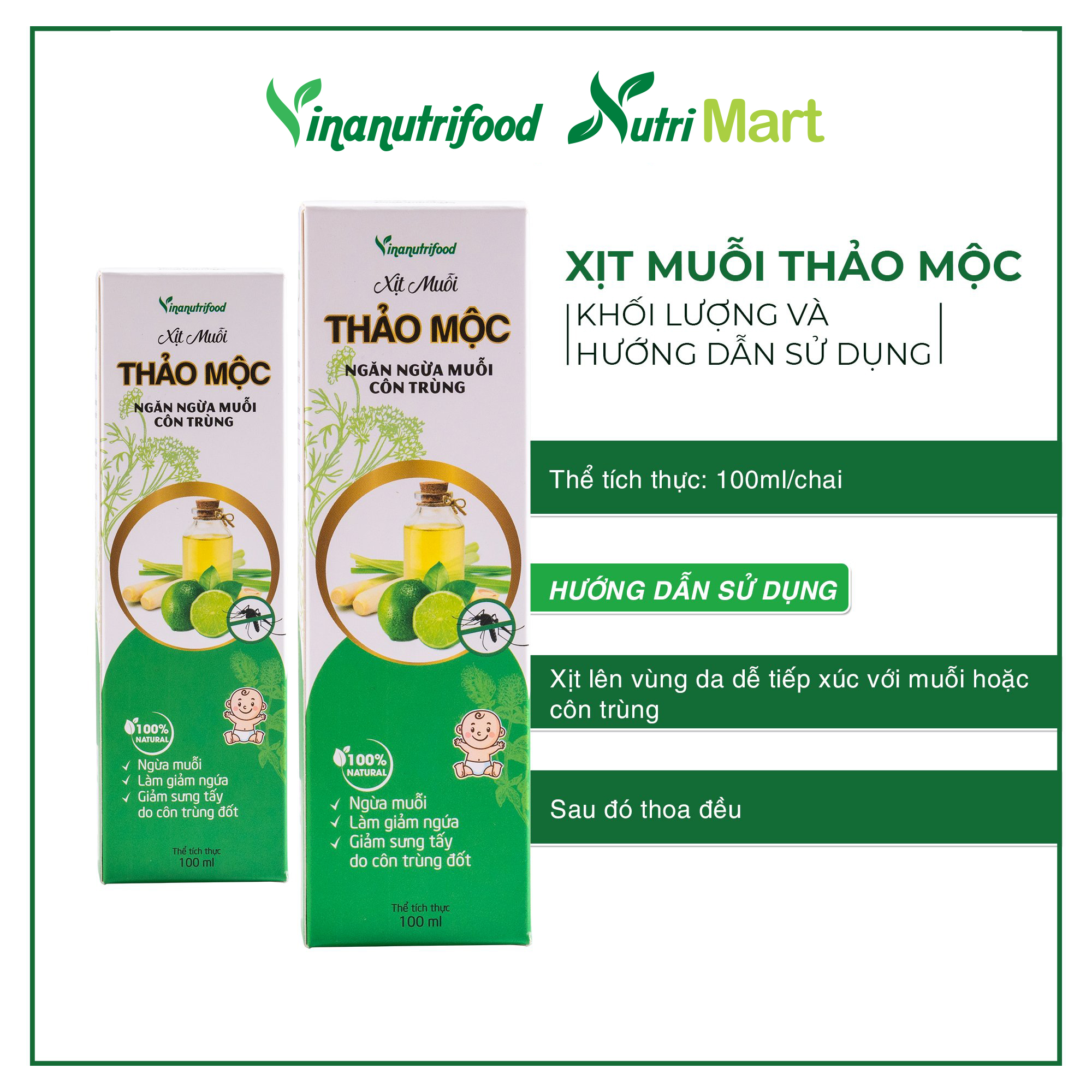 Xịt muỗi thảo mộc Vinanutrifood chiết xuất hoàn toàn từ các nguyên liệu tự nhiên, không hóa chất, an toàn cho cả trẻ nhỏ, bảo vệ da khỏi muỗi đốt, côn trùng cắn, làm mát, dịu da, giảm ngứa, dung tích 100ml