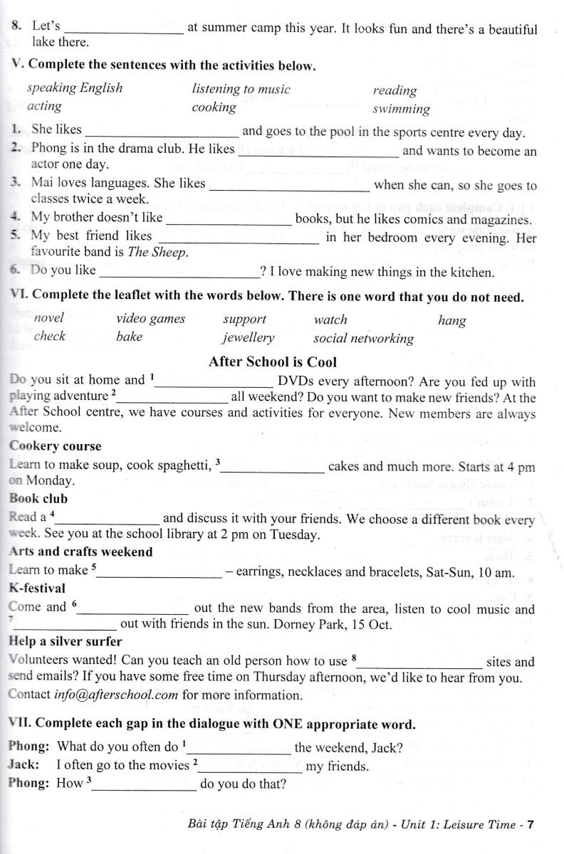 Bài Tập Tiếng Anh 8 - Không Đáp Án