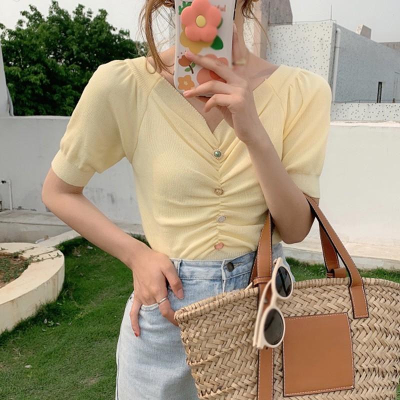 Áo Thun Dệt Kim Tay Phồng Cổ Chữ V Màu Trơn Thời Trang Cho Nữ
