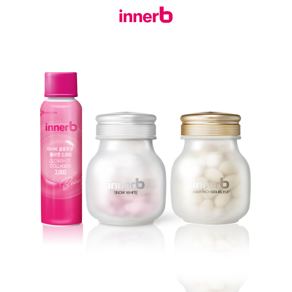 Combo thực phẩm bảo vệ sức khỏe InnerB Aqua Rich Doubleup (56 viên) + Innerb Snow White (28g) & 4 hộp 6 chai nước uống Collagen vitamin C sáng da InnerB Glowshot (50ml x 6)