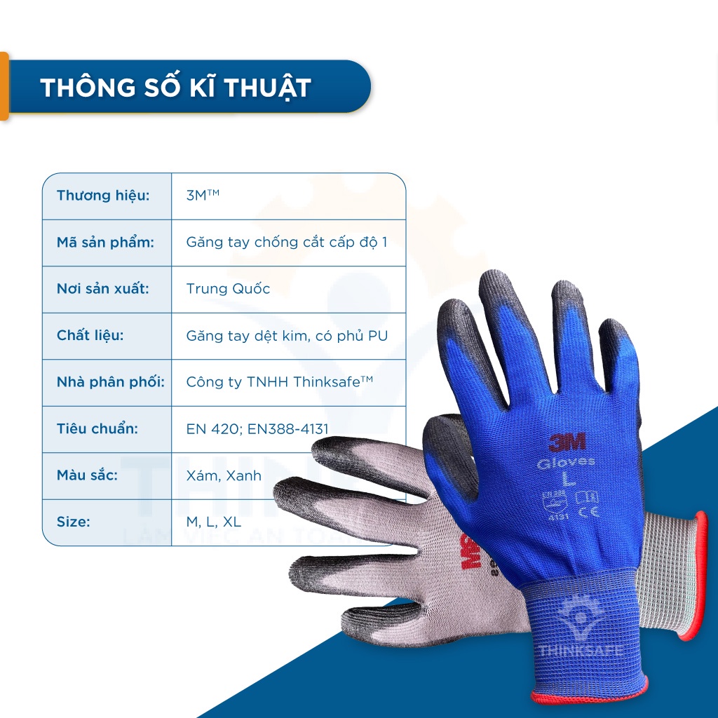 Găng tay thao tác 3M 3 cấp độ, sợi dệt kim, phủ PU bảo vệ tay trong môi trường tôn, kính - Thinksafe