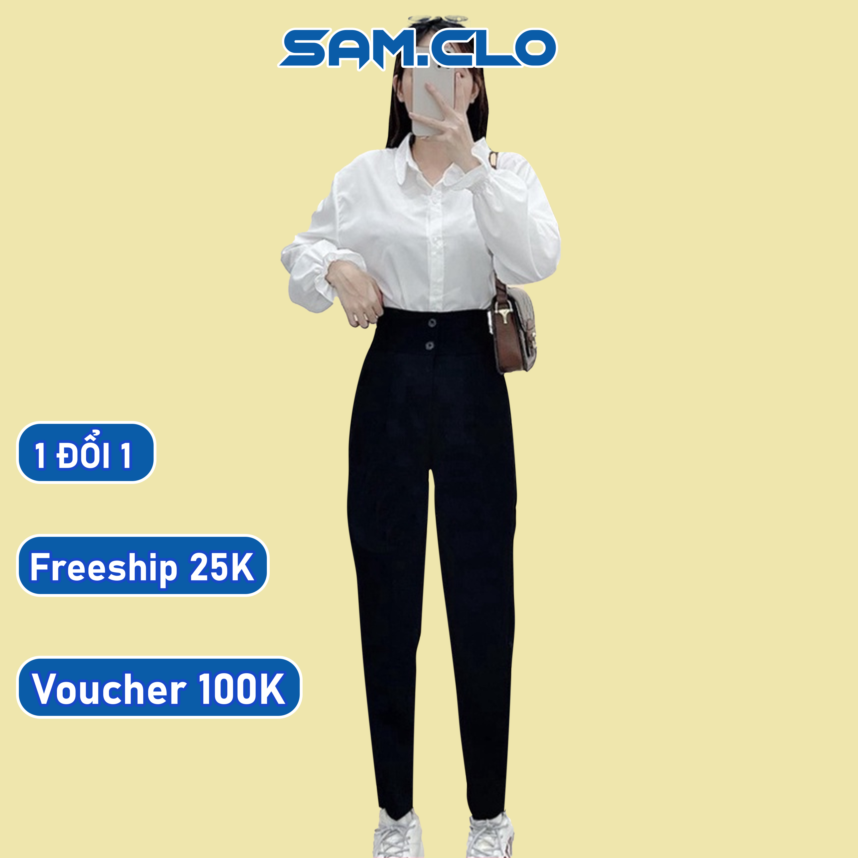 Quần tây đi học nữ cạp cao dáng suông 2 nút