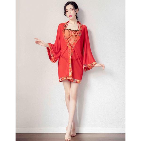 Cosplay cổ trang Trung Quốc xuyên thấu sexy gợi cảm áo ngủ yếm kèm áo choàng họa tiết hoa cổ điển cao cấp BIKI N786