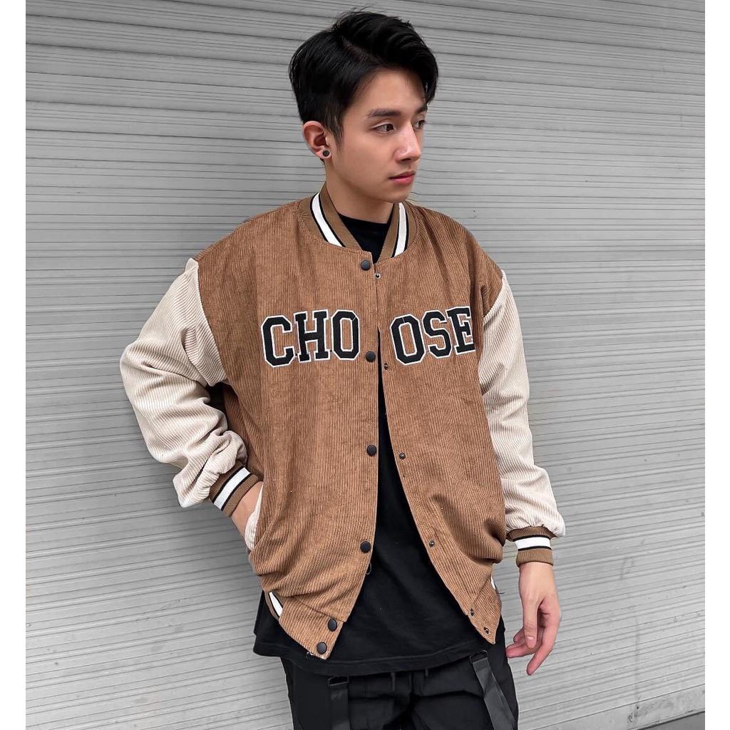 Áo Khoác Bomber Nhung Tăm Gân 2 Lớp Thêu Chữ CHOOSE Áo BomBer Bóng Chày Nam Nữ Phong Cách Hàn Quốc