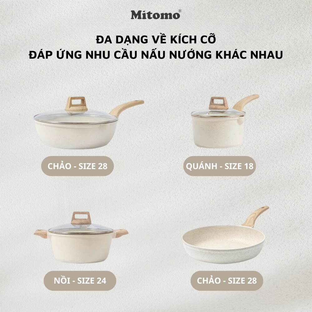 Bộ nồi vân đá chóng dính cao cấp 4 món Mitomo, đúc nguyên khối, nấu trên mọi loại bếp - Hàng chính hãng