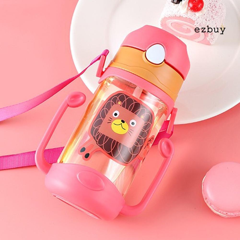 Bình nước 400ml chống rò rỉ họa tiết hoạt hình có ống hút và dây đeo cho bé