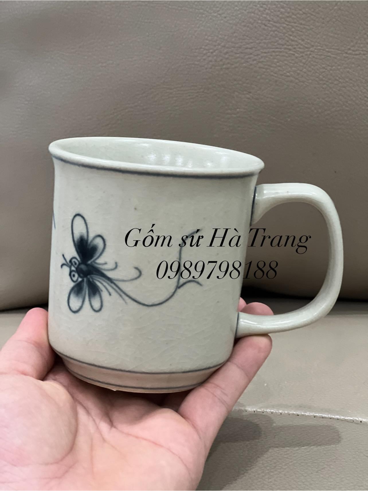 Cốc sứ Bát Tràng cao cấp men rạn vẽ tay xuất dư hoạ tiết chuồn khoai dung tích 250ml