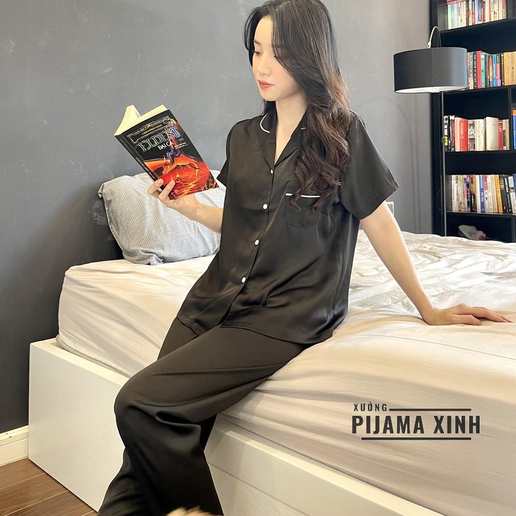 Pyjama lụa trơn - Chất Latin trơn màu đen Cao cấp Chất đẹp Đường may chuẩn, Bộ cộc quần ngắn