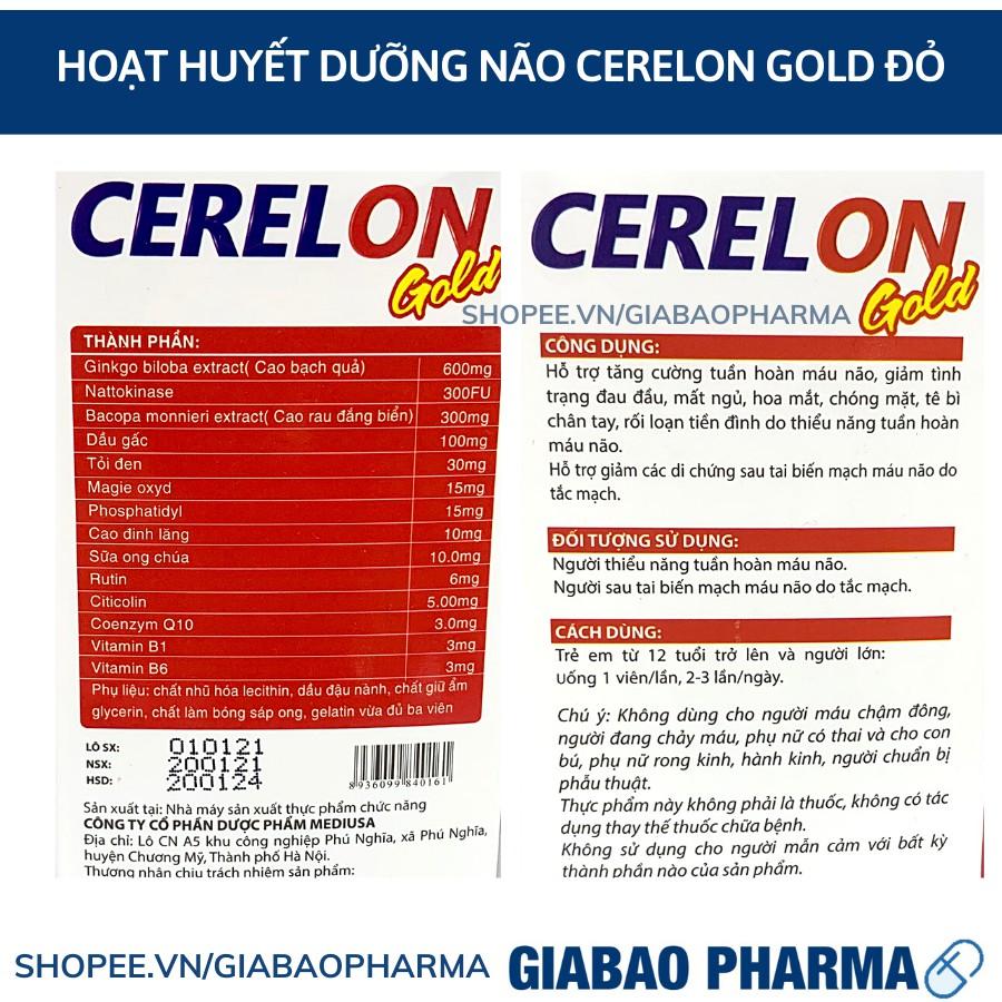 Hoạt huyết dưỡng não Ginkgo Biloba 600mg Cerelon Gold Đỏ giảm đau nửa đầu, hoa mắt, chóng mặt - Hộp 100 viên