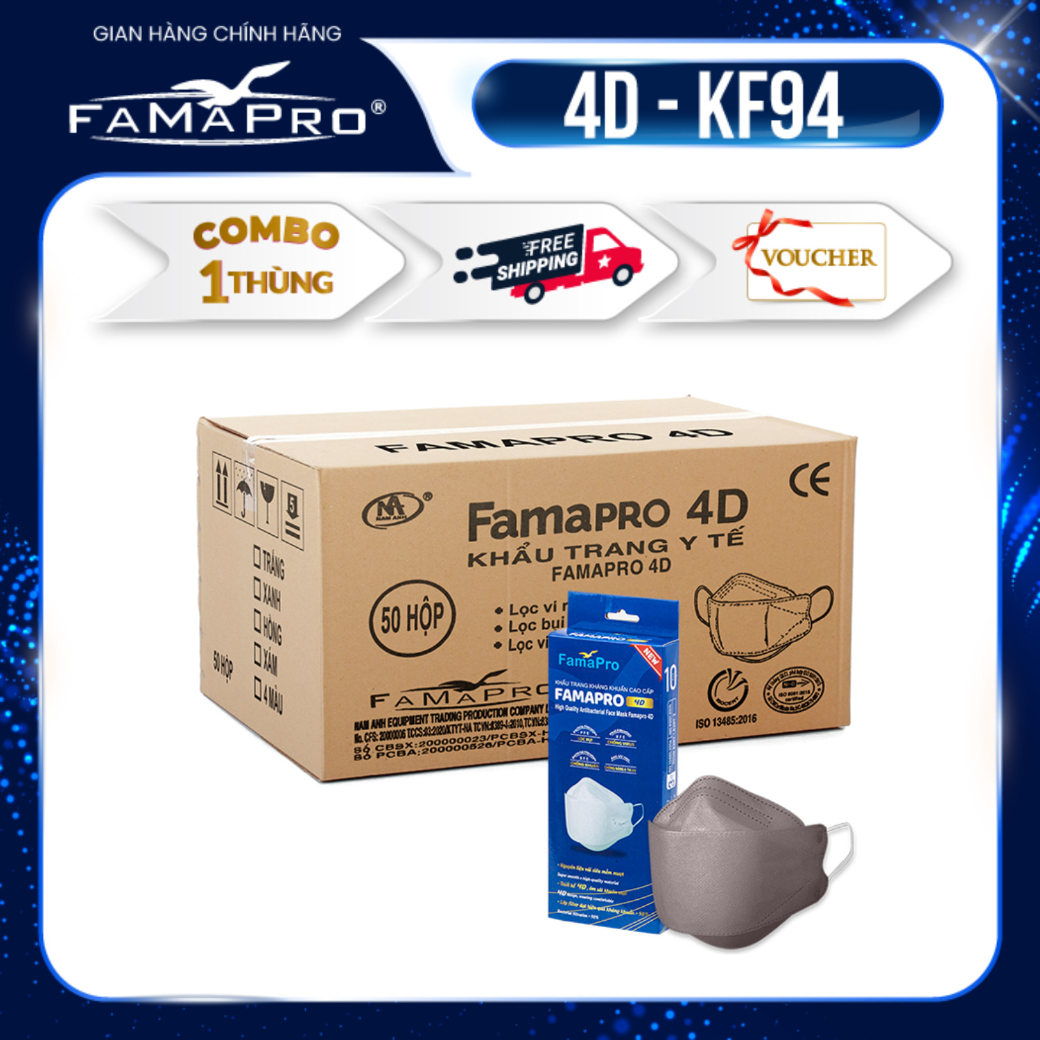 [THÙNG HỘP - FAMAPRO 4D] Khẩu trang y tế kháng khuẩn cao cấp Famapro 4D tiêu chuẩn KF94 (50 hộp/thùng)