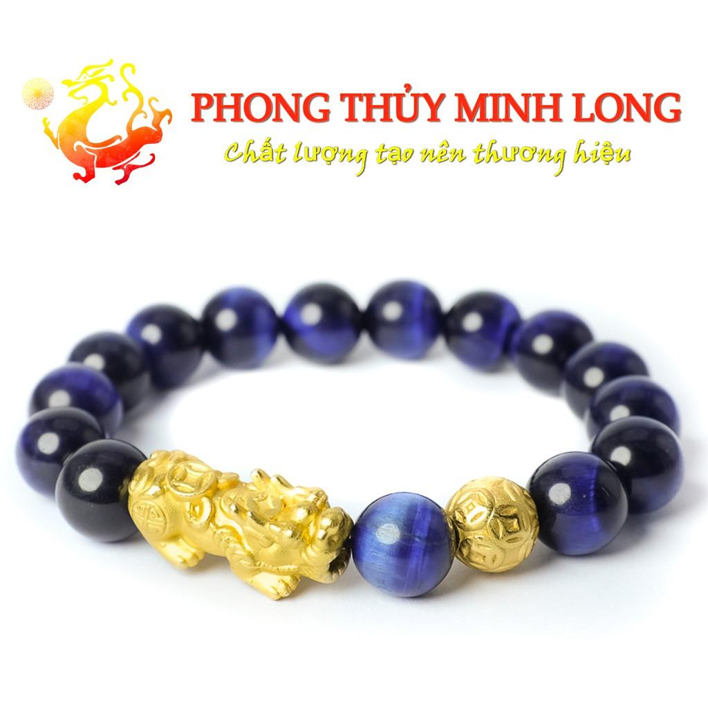 Vòng tay đá mắt hổ Xanh Dương 5A mix Tỳ Hưu và 1 hạt Kim Tiền hợp mệnh Thủy và Mộc