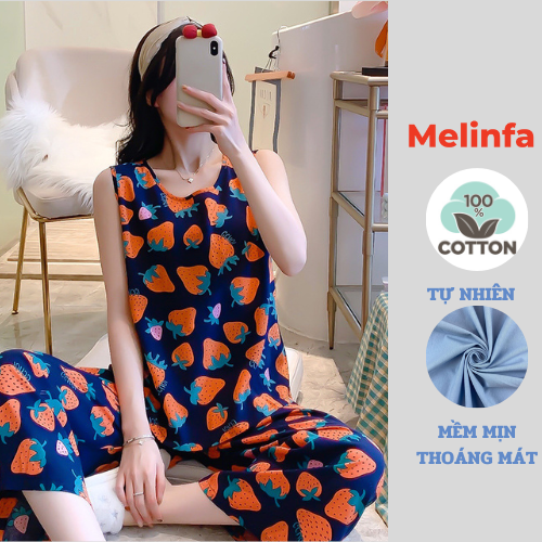 Bộ đồ ngủ nữ mặc nhà vải Cotton lụa tự nhiên thoáng mát mềm mịn, bộ ba lỗ quần dài xuông rộng mã BD0234