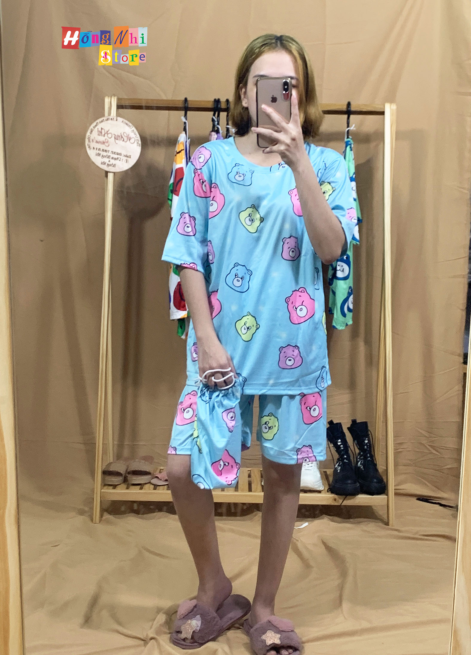 Bộ Thun Ngủ Hoạt Hình Tay Lỡ Kèm Túi Vải Phối Quần Short Oversize Ulzzang Dáng Rộng - MM