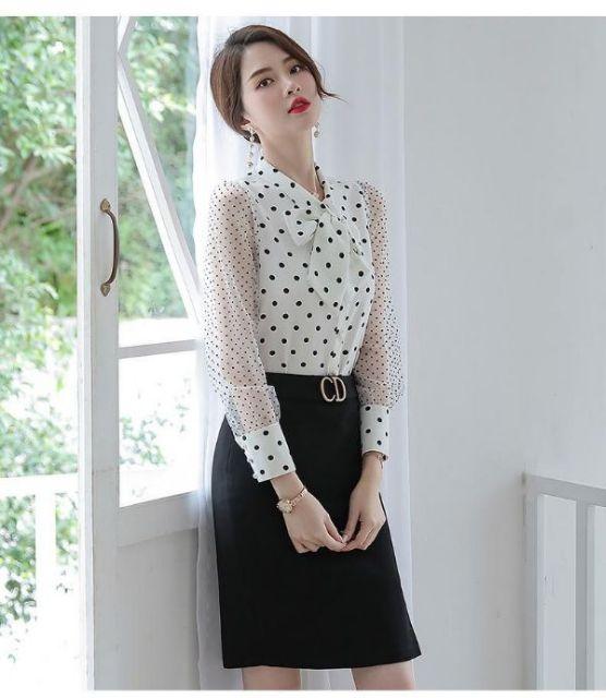 ÁO SƠ MI NỮ CHẤM BI TAY LƯỚI CAO CẤP