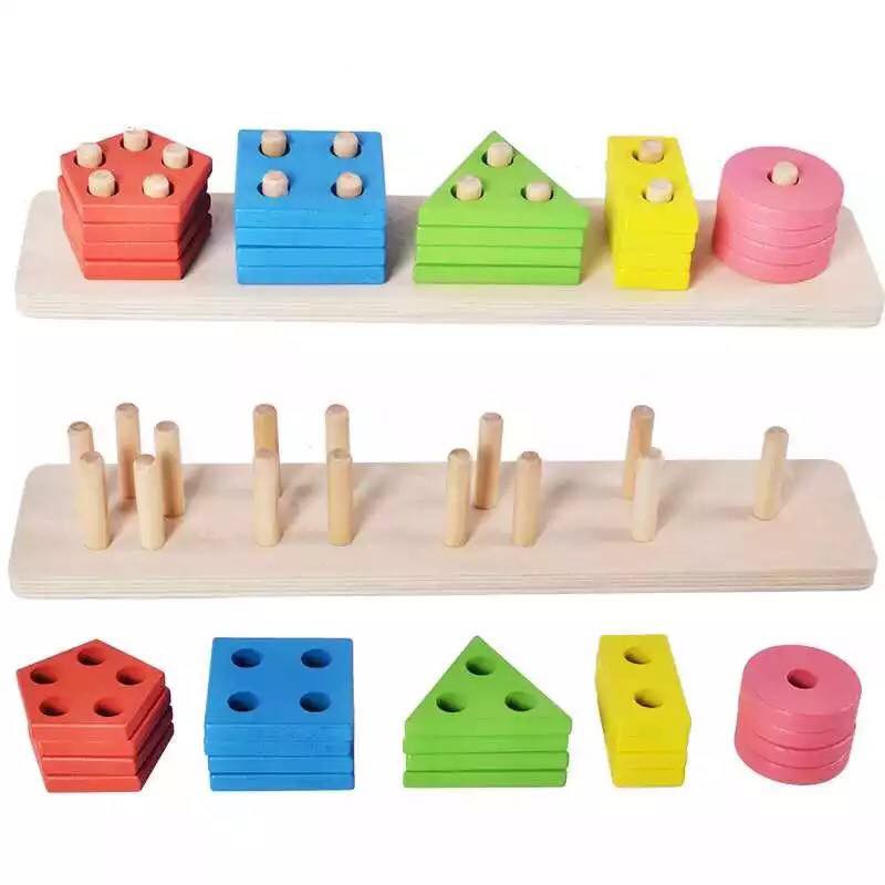 Đồ Chơi Gỗ Montessori - Bộ Xếp Hình Học 5 Cột Cho Bé