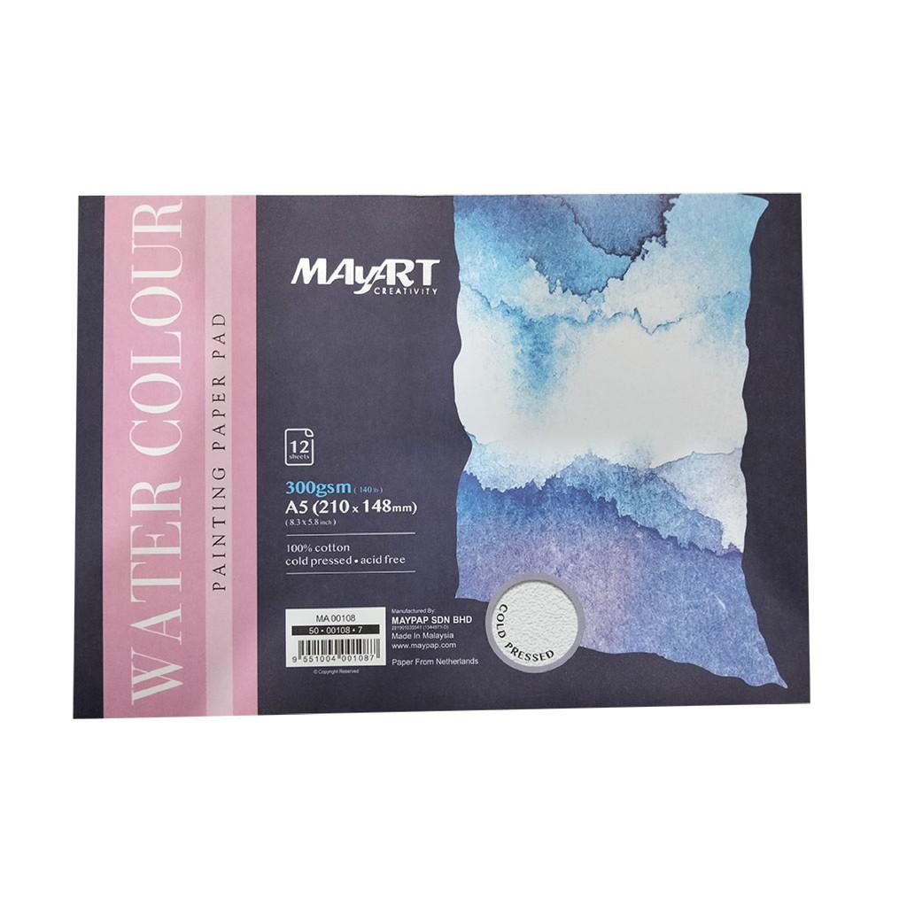 Sổ vẽ màu nước Maypad 300 gsm 100% Cotton hạng họa sĩ A5/A4/A3 Cold Press chồng 3 đến 4 lớp màu