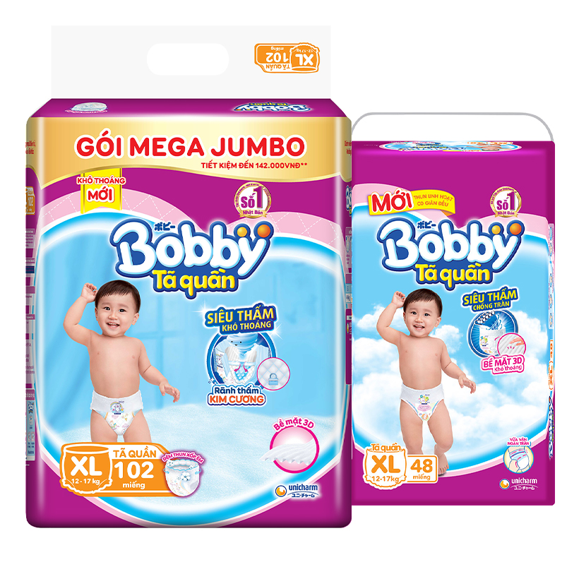 Combo Tã quần Bobby bịch Mega Jumbo + Super Jumbo đủ size M/L/XL/XXL