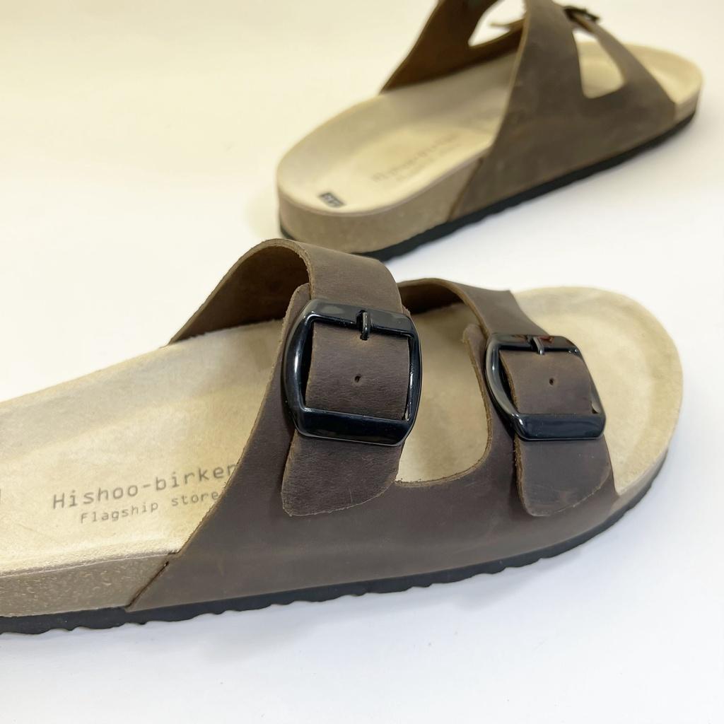 Dép đế trấu birken chất liệu da bò sáp nam nữ unisex quai ngang 2 khóa size 35 - 43 chính hãng Hishoo S104