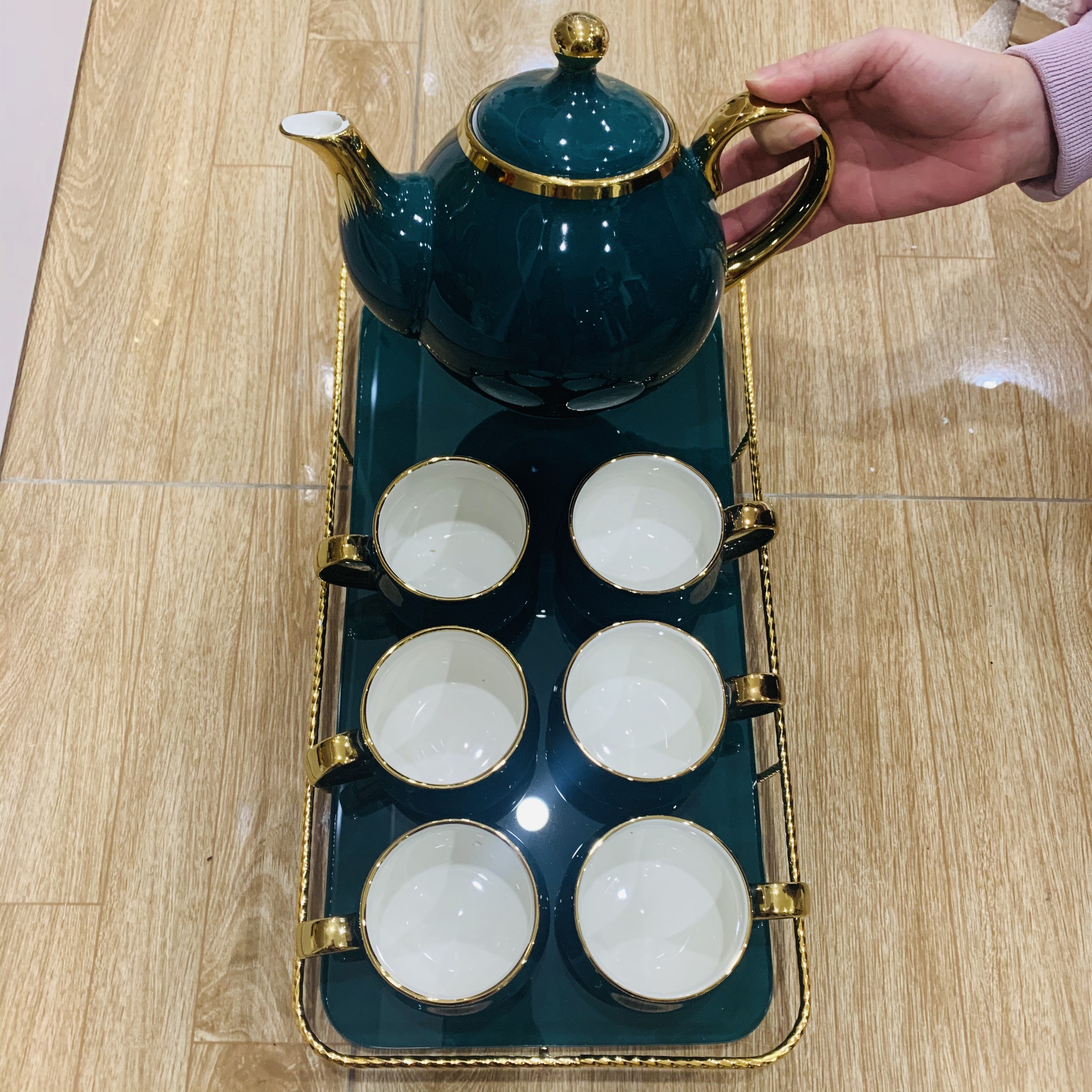 Bộ tách trà sứ cao cấp màu xanh thẫm sang trọng GS28