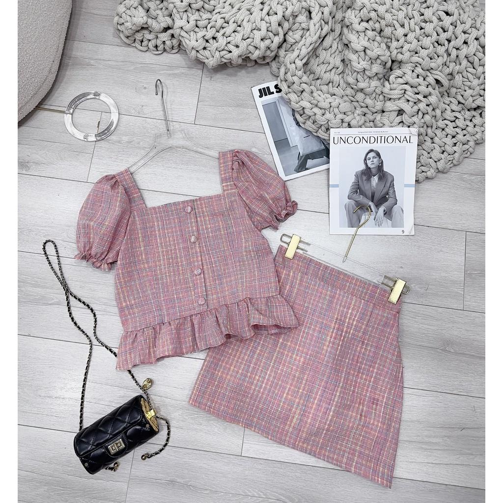 SET ĐI CHƠI, SET 2 MÓN ÁO CROPTOP CỔ VUÔNG TAY NGẮN BÈO PHỐI CHÂN VÁY CỰC XINH IU