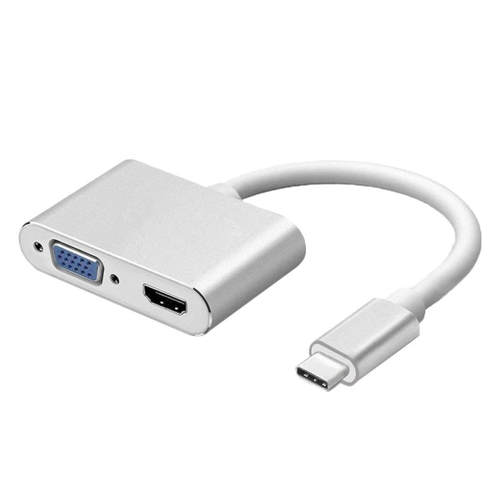 USB-C to  VGA Type-C Hub Adapter Splitter Box for HDTV Silver