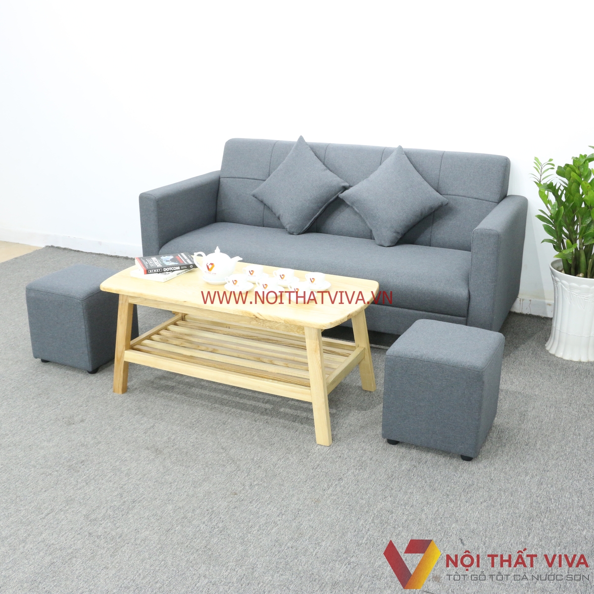 Bộ Bàn Ghế Sofa Nệm Bọc Nỉ Màu Xám 6 Món Gọn Đẹp Hiện Đại Giá Rẻ