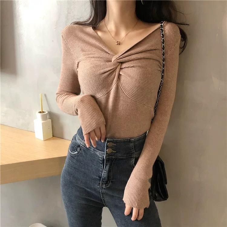 MS350 Áo len tăm nữ xoắn ngực dài tay