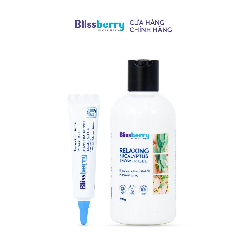 Bộ sản phẩm hỗ trợ giảm mụn vùng mặt, ngực và lưng hiệu quả Blissberry (Gel bôi mụn + Sữa tắm hương khuynh hiệp)