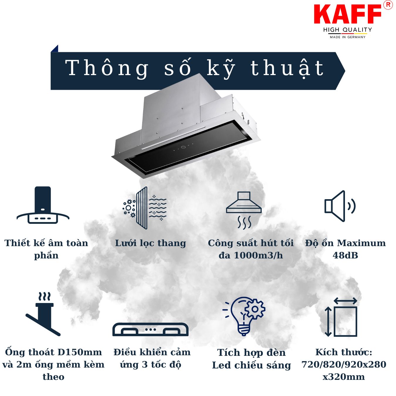 Máy hút mùi âm toàn phần phần mặt kính 800mmcảm ứng KAFF KF-BI80PR Tặng bộ lọc than thay thế - Hàng Chính Hãng