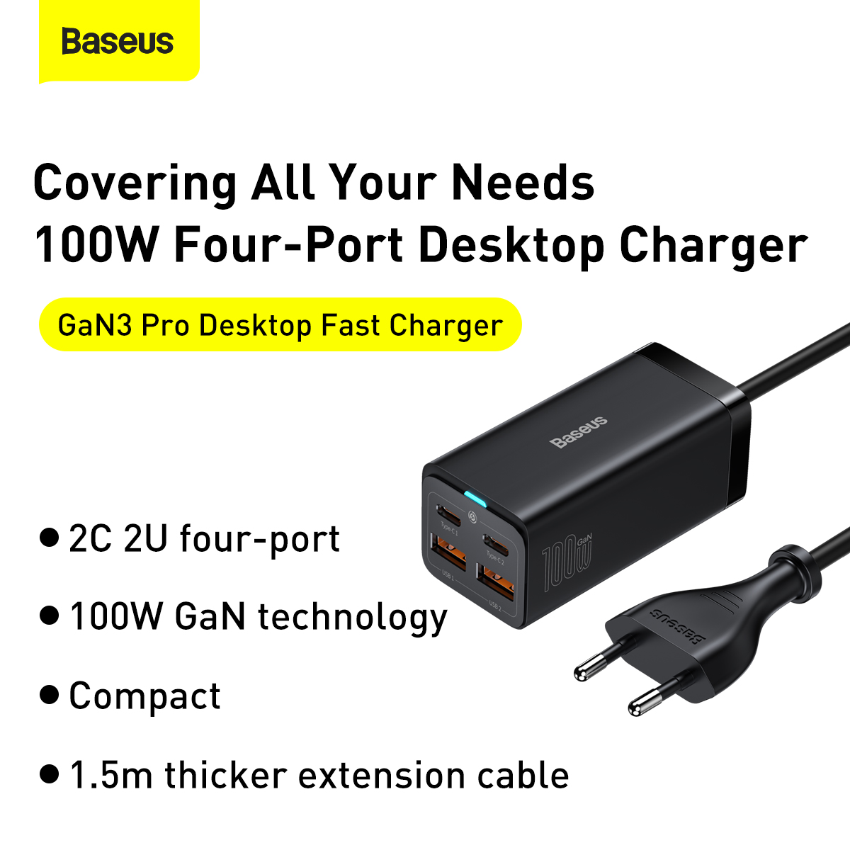 Bộ Sạc Nhanh Baseus GaN3 Pro Desktop Fast Charger 2U+2C 100W EU Dành Cho Laptop, Điện Thoại Tiện Dụng - Hàng Chính Hãng