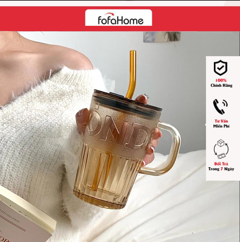 Cốc Thuỷ Tinh Cao Cấp Chịu Nhiệt Có Nắp Và Quai Kèm Theo Ống Hút 400ml In Chữ Diamond Giao Màu Ngẫu Nhiên - Hàng chính hãng