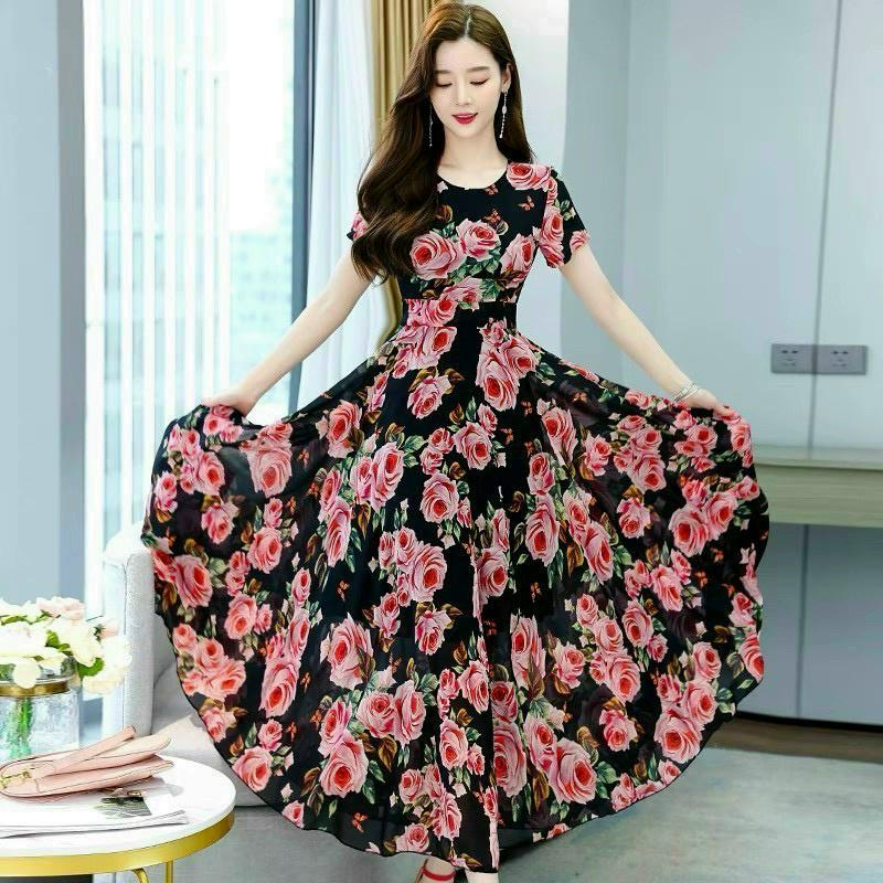 Đầm maxi voan hoa hồng 2 lớp cao cấp