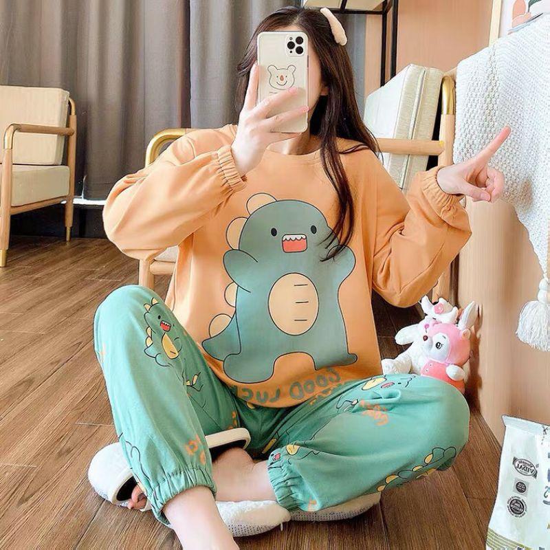 Đồ Bộ Thun Tay Dài Quảng Châu - Pijama Quần Dài - Đồ Mặc Ở Nhà Họa Tiết Hoạt Hình Chú Khủng Long Dễ Thương