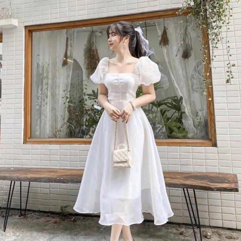 X2 Đầm váy trắng đi tiệc form dài tay bo nút ngọc cổ vuông dáng xòe công chúa tiểu thư dịu dàng tasa
