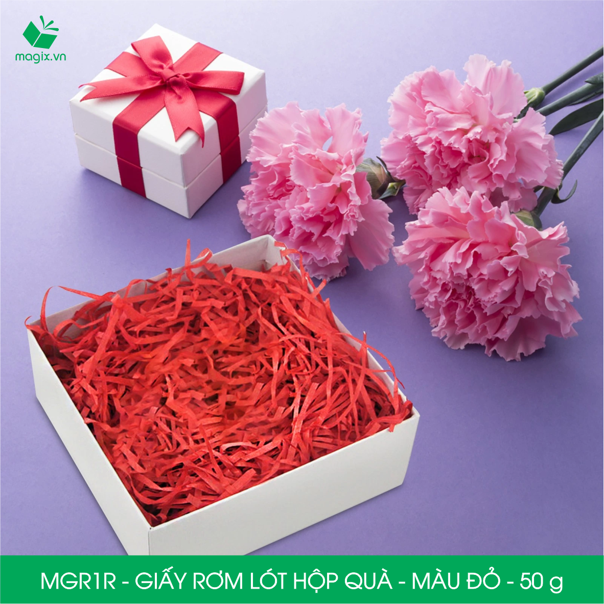 MGR1R - 50g Giấy rơm lót hộp quà màu đỏ - Giấy sợi rơm trang trí - Giấy vụn chống sốc