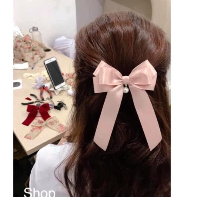 Cột, Kẹp Tóc Nơ Satin Lụa Cao Cấp Đính Ngọc Xinh Xinh