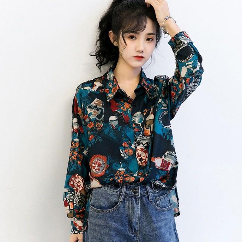 Áo Sơ Mi Tay Dài Dáng Rộng Họa Tiết In Phong Cách Vintage