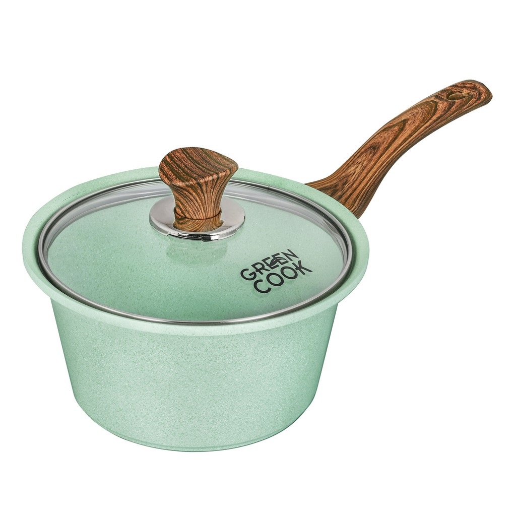 Bộ 2 nồi và 1 quánh đúc đáy từ men chống dính ceramic Greencook màu xanh ngọc và màu hồng gồm quánh size 18cm, nồi 20 và 24cm- hàng chính hãng