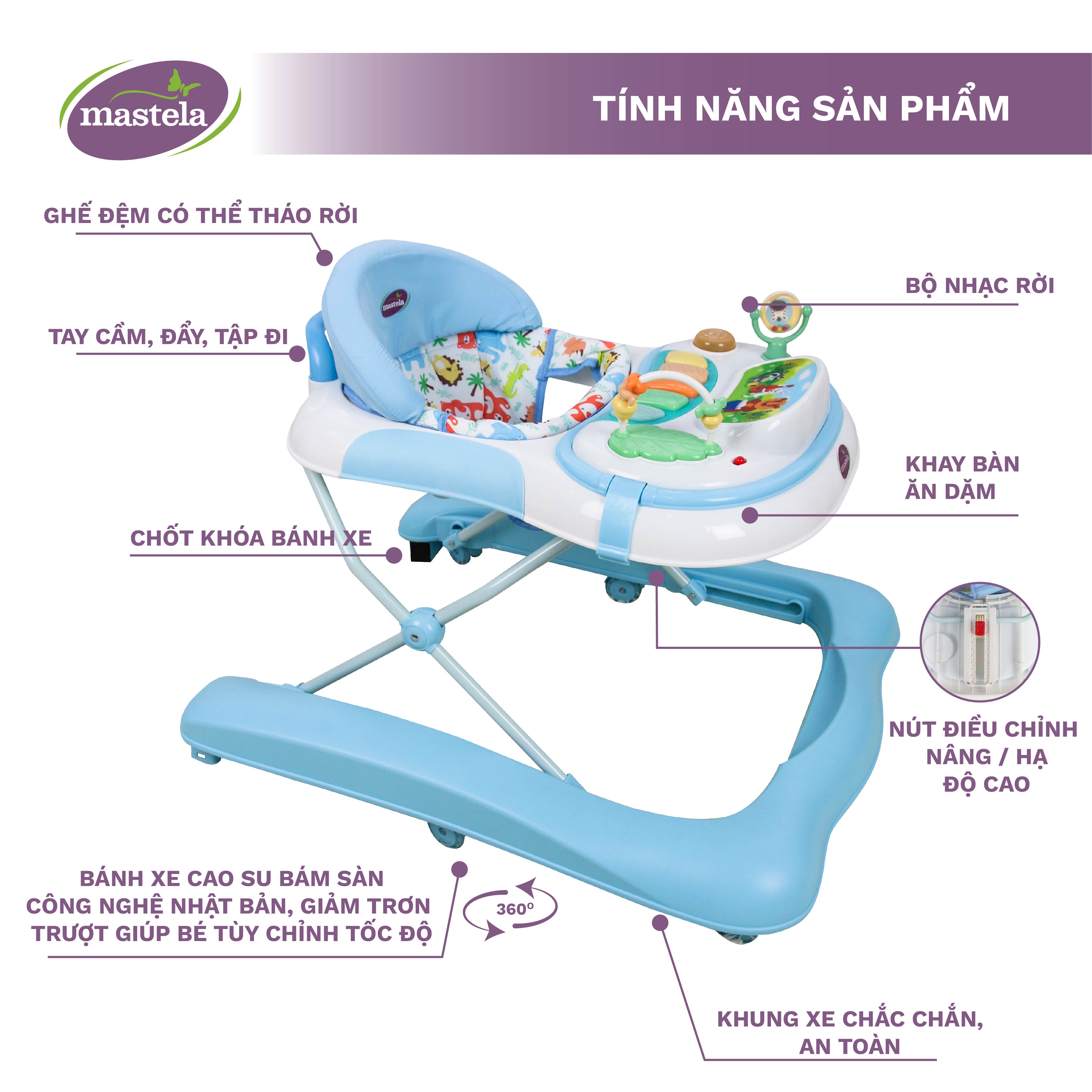 Xe tập đi cho bé Mastela W1123 - Xe tập đi đa năng kèm đồ chơi và nhạc với thiết kế chữ U nâng hạ độ cao và bánh xe cao su hãm đà Tiêu chuẩn JIS Nhật Bản