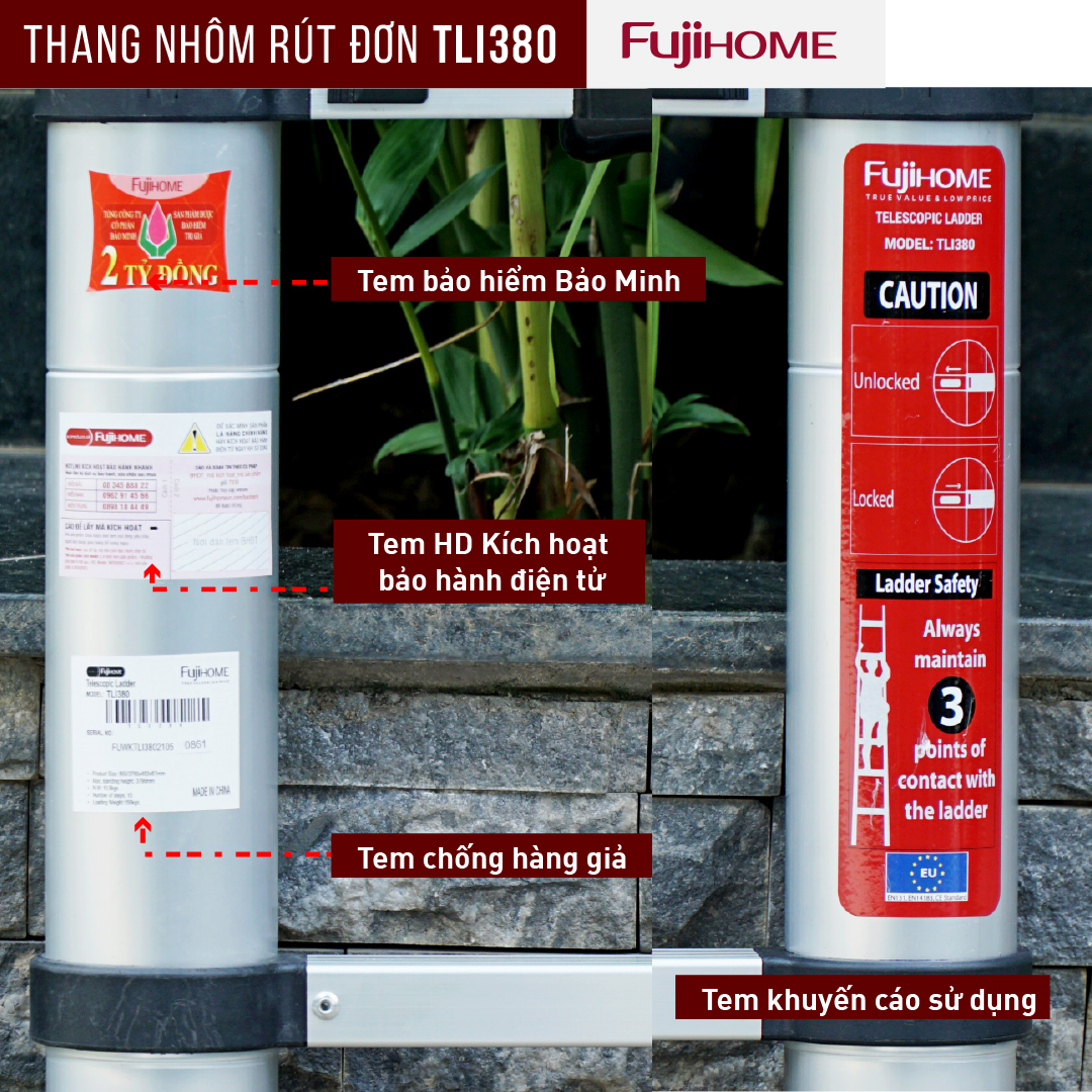 Thang nhôm rút đơn Nhập Khẩu 3,8M gấp gọn Nhật Bản Fujihome chống trượt, thang rút xếp gấp gọn gia đình đa năng 3m8 mét có khóa an telescoping ladder - Hàng Nhập Khẩu